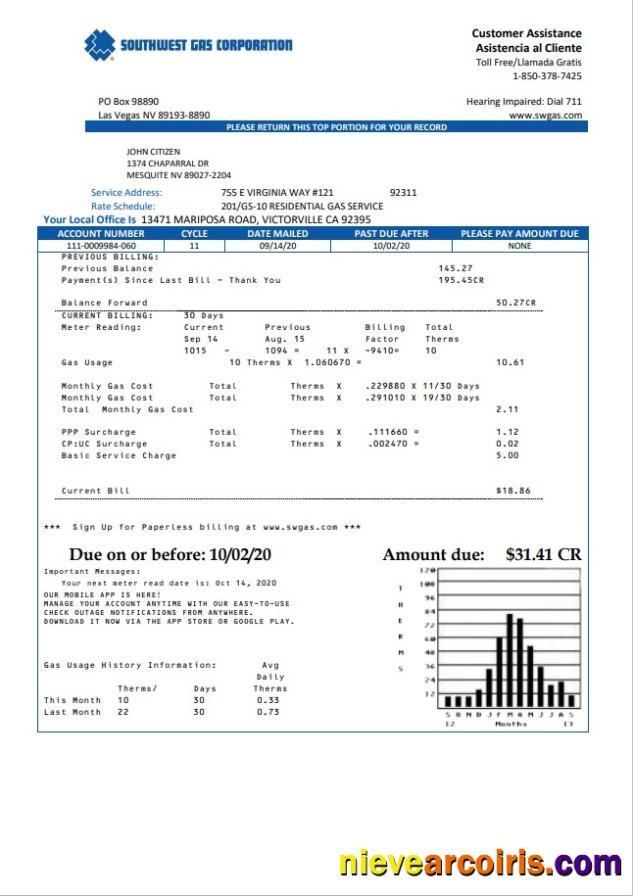 USA Nevada Southwest gas Corporation utility bill